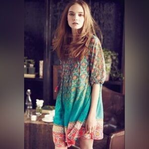 Women’s Tanvi Kedia Anthropologie Blue Pink Geometric 3/4 Sleeve Midi Dress XS